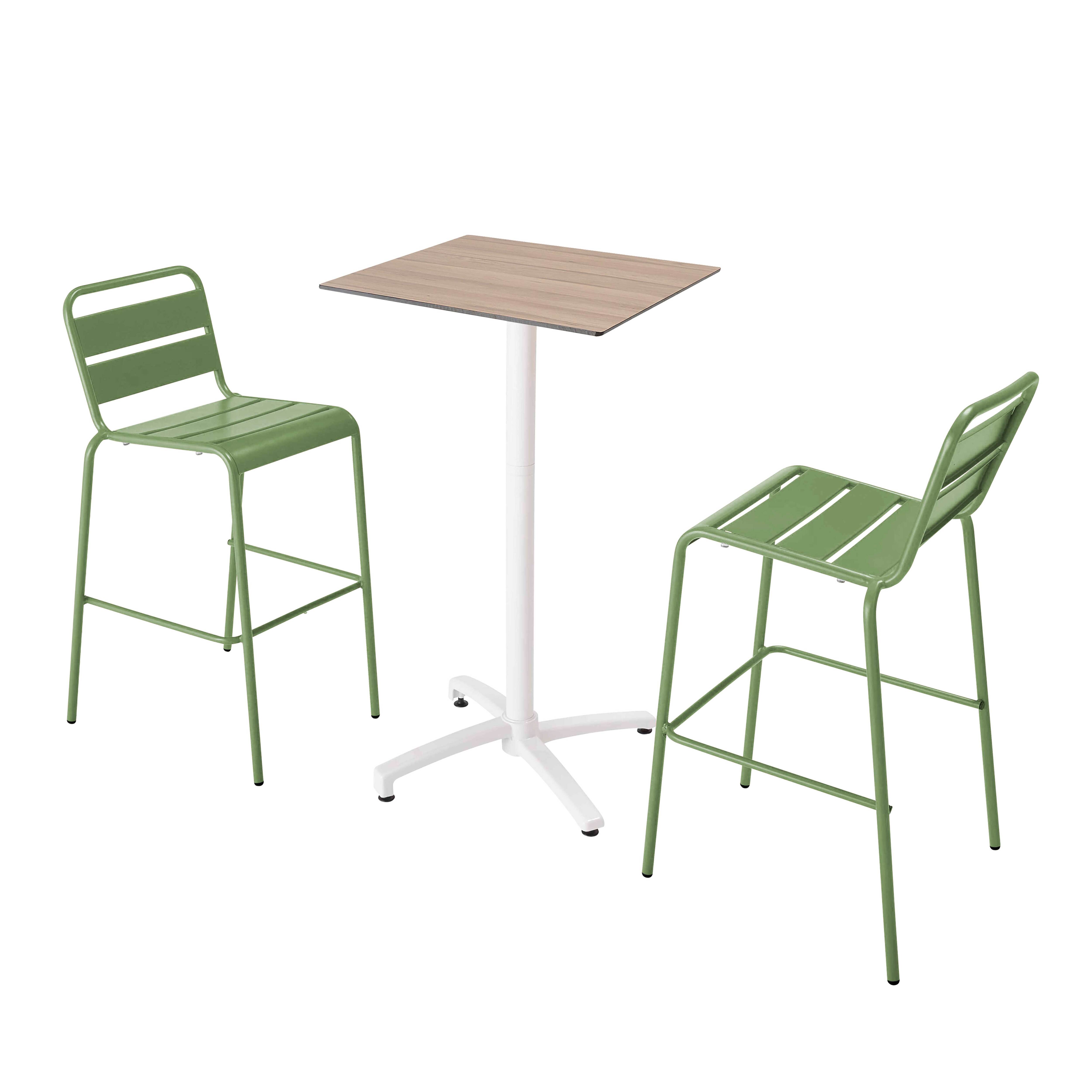 Ensemble table haute stratifié  chêne naturel et 2 chaises vert cactus