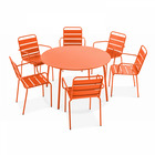 Ensemble table de jardin ronde et 6 fauteuils acier orange