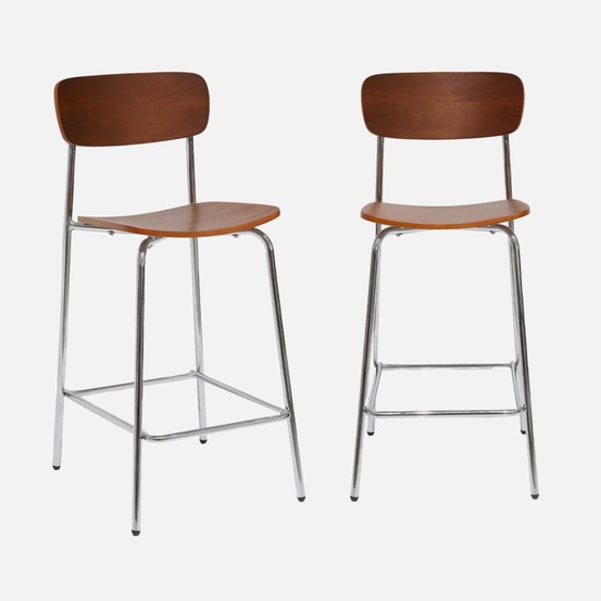 Lot de 2 tabourets de bar vintage contreplaqué avec placage bois et pieds métal l 42.5 x p 50 x h 94cm - toby