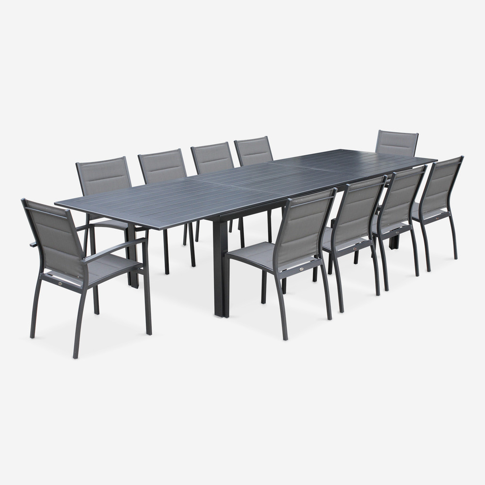 Salon de jardin table extensible - odenton anthracite - grande table en aluminium 235/335cm avec rallonge et 10 assises en textilène