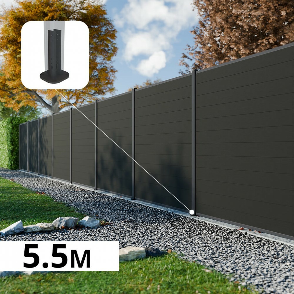 Kit clôture composite rio anthracite 5,5x1,8m - bois composite & aluminium - poteaux sur platines gris - brise vue - palissade