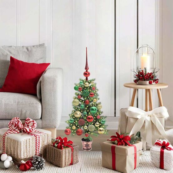 Mini sapin de noël vert 65 cm pré-illuminé 150 led, idéal pour table ou entrée, décorations incluses