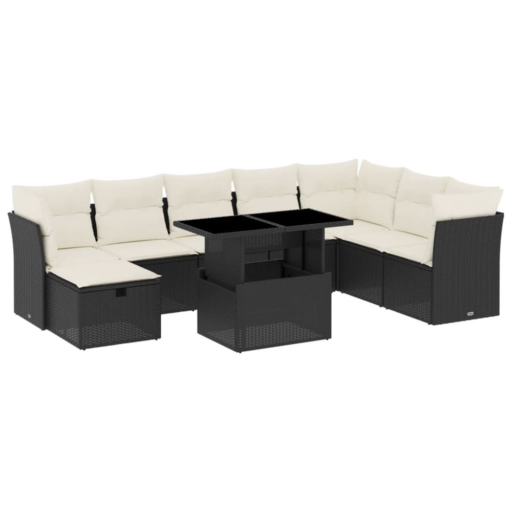 Salon de jardin 9 pcs avec coussins noir résine tressée