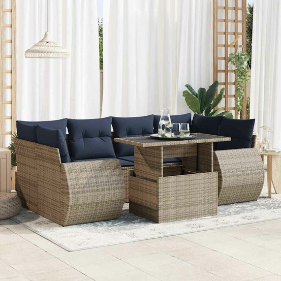 Salon de jardin avec coussins 7 pcs gris résine tressée acacia