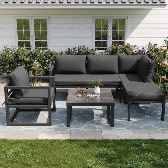 Mobilier jardin corde: salon, canapé angle, acier galvanisé, pieds réglables, coussins incl gris