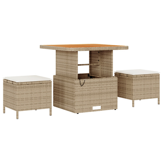 Ensemble de salle à manger de jardin 3 pièces avec coussins en beige en poly rotin et acacia