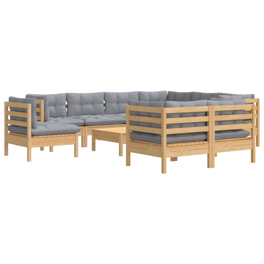 Salon de jardin meuble d'extérieur ensemble de mobilier 10 pièces avec coussins gris bois de pin solide