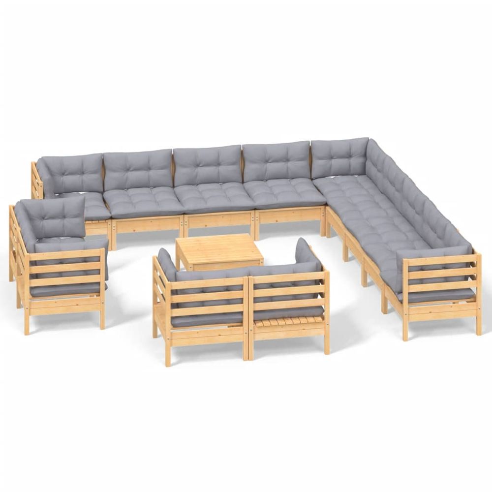 Salon de jardin 14 pcs avec coussins gris bois de pin solide