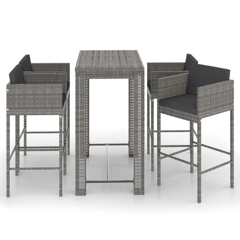 Ensemble de bar de jardin 5 pcs et coussins résine tressée gris