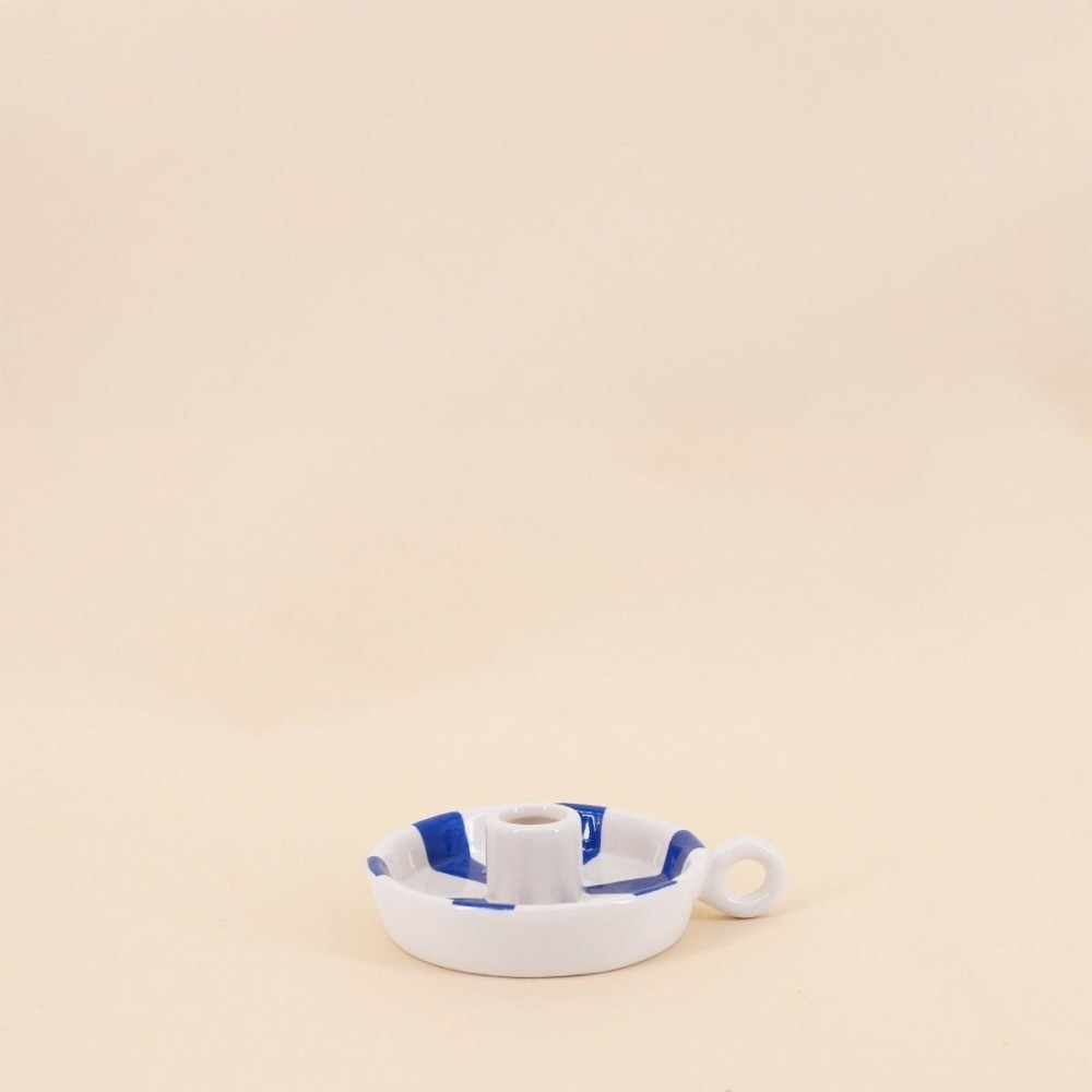 Bougeoir en céramique rayé blanc / bleu 15cm