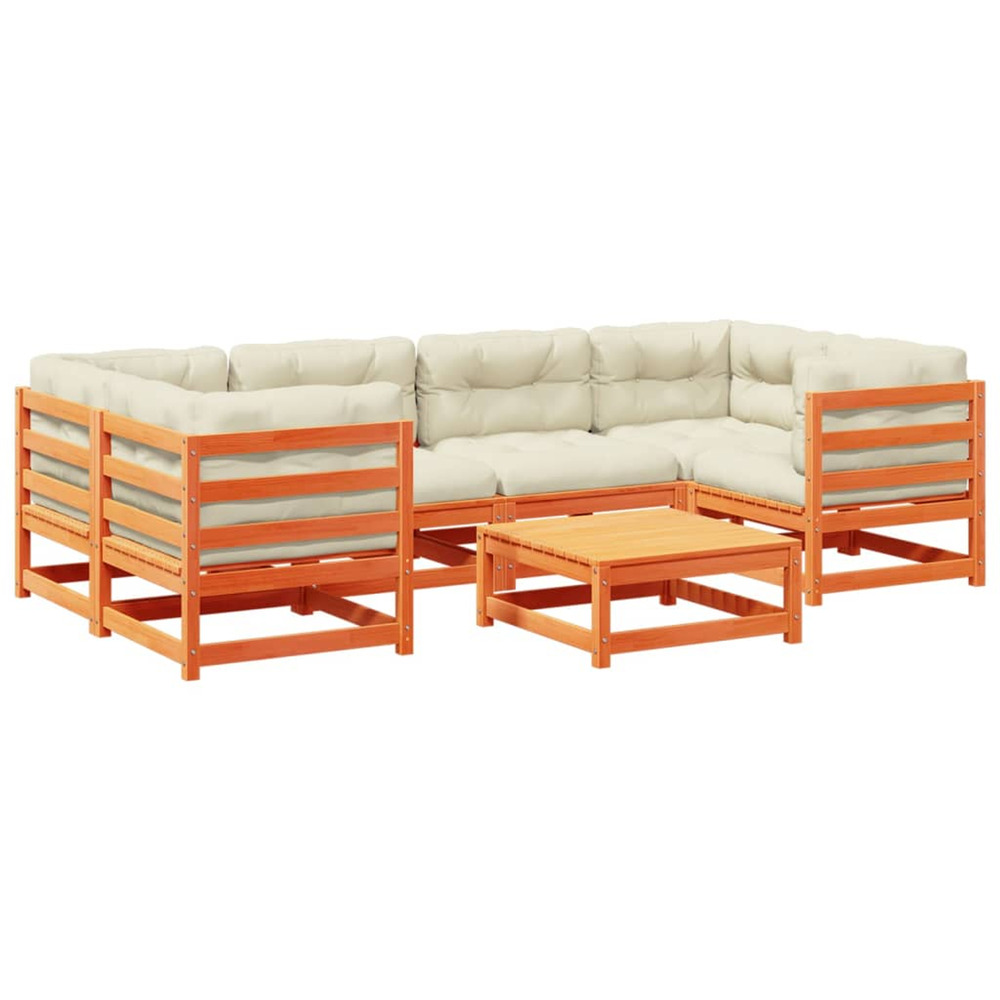 Salon de jardin 7 pcs avec coussins cire marron bois pin massif
