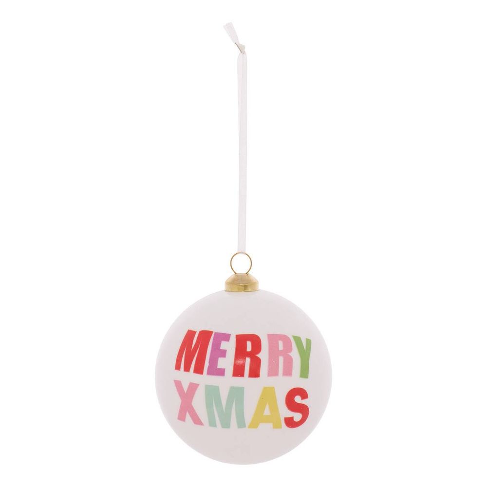 Boule de noël en plastique blanche inscription merry christmas d. 80 mm