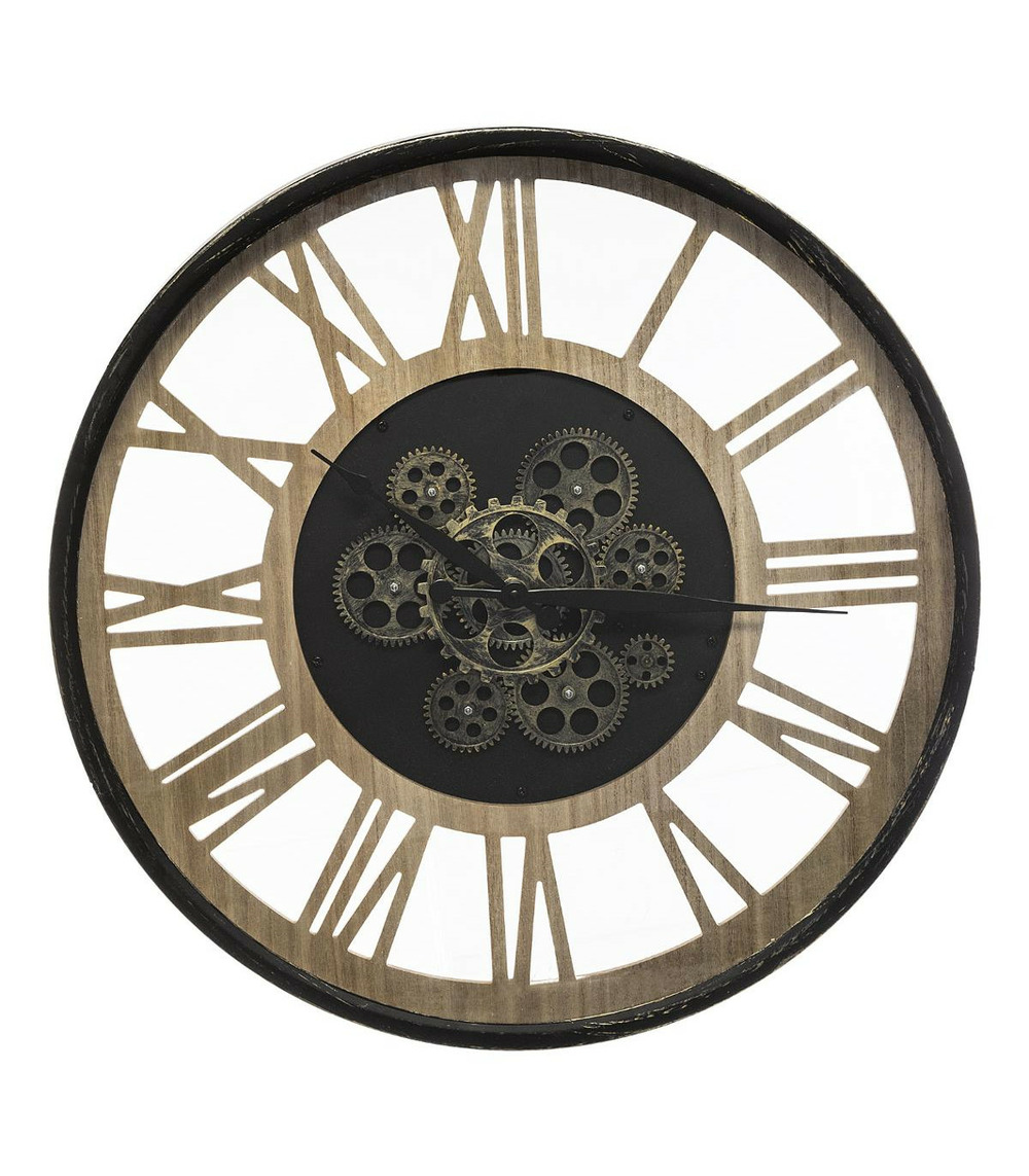 Pendule murale en métal et bois avec mécanisme apparent d 57 cm