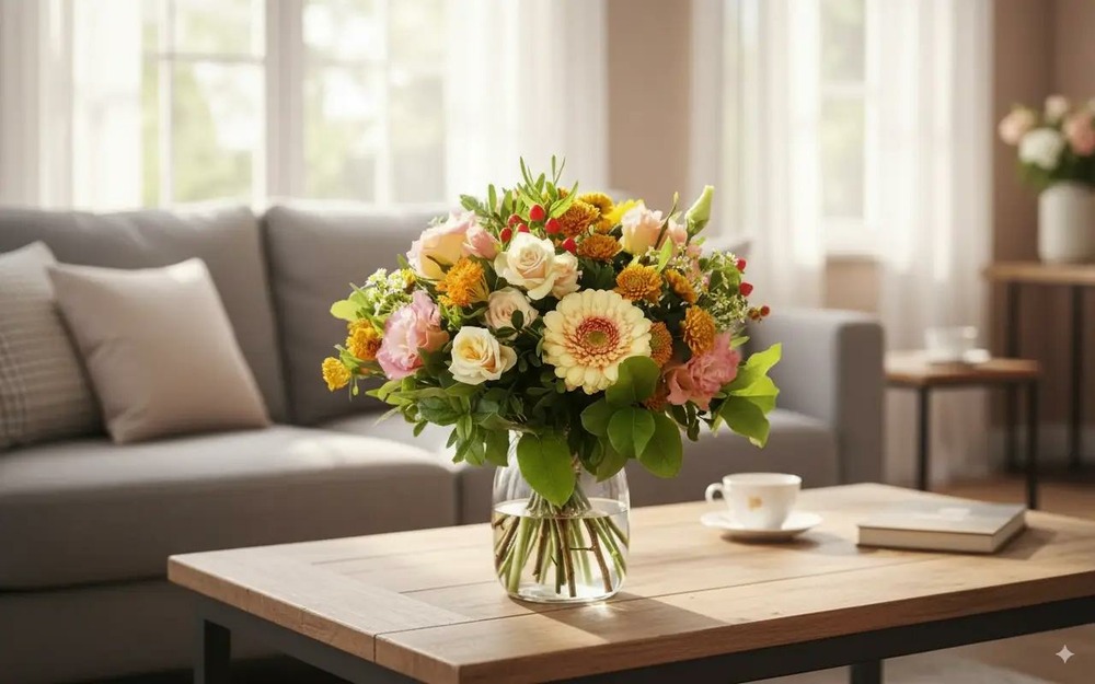 Bouquet de fleurs élégant : roses crème, germinis, œillets roses et petites marguerites dorées