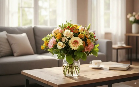 Bouquet de fleurs élégant : roses crème, germinis, œillets roses et petites marguerites dorées