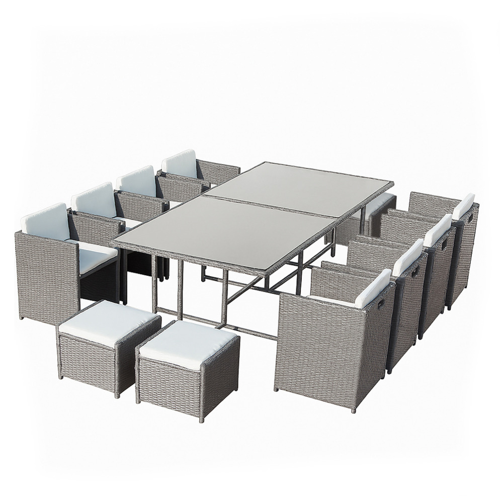 Table et chaises 12 places encastrables résine gris-blanc miami