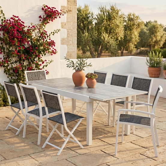 Ensemble modulo 4/8p en aluminium blanc et verre décors bois avec 4 fauteuils en textilène et 4 chaises pliantes