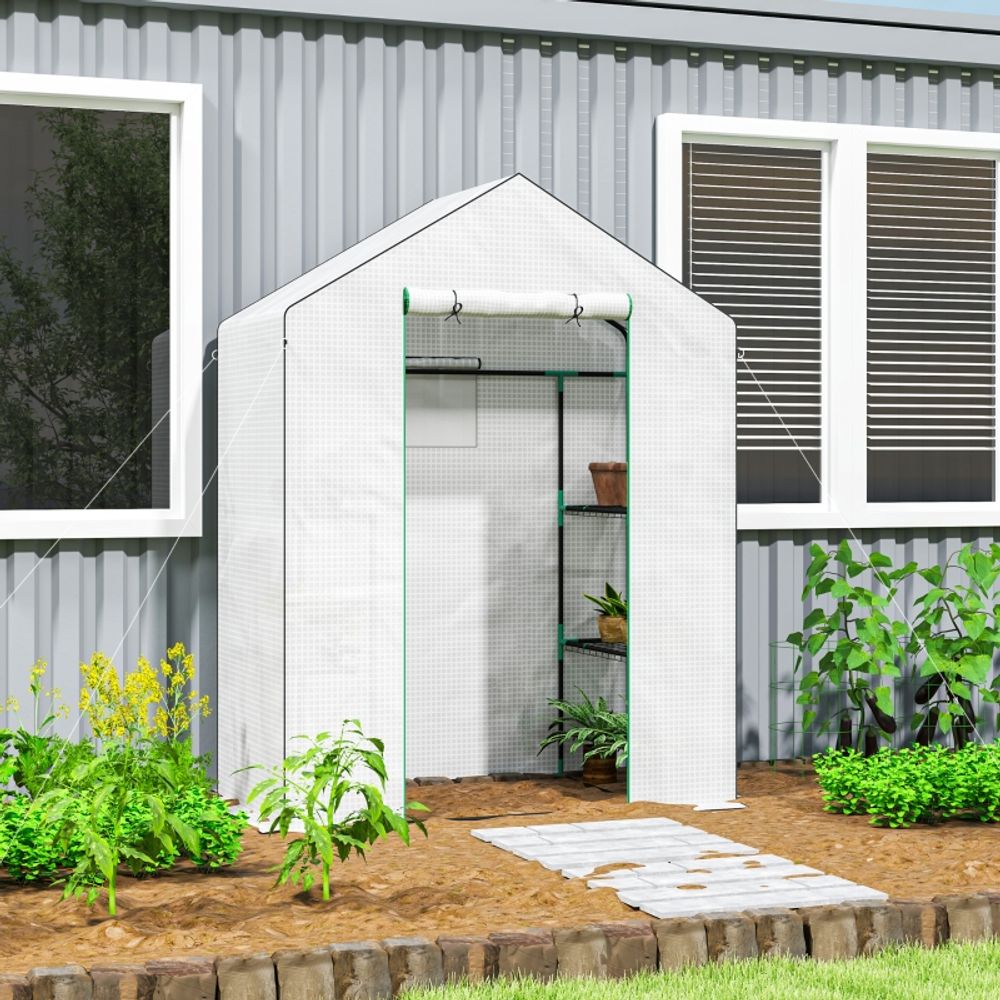 Serre de jardin pe acier 140 x 73 x 190 cm blanche avec étagères en u porte zippée - comfortxl outdoor living