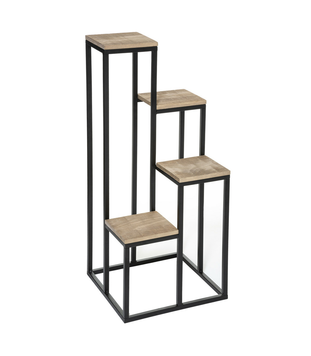 Étagère porte plantes 4 plateaux en métal noir et bois h 88. 5 cm