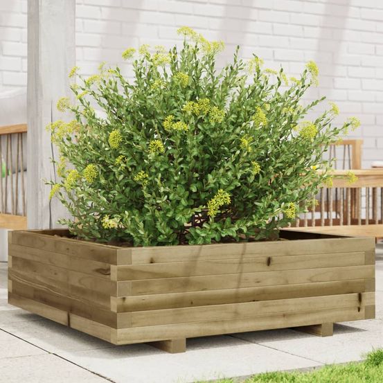 Jardinière basse carrée en pin traité autoclave bac potager résistant pour fleurs et légumes de saison 80x80cm bois vert