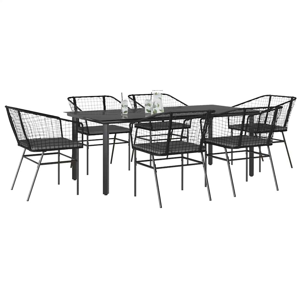 Ensemble à manger de jardin coussins 7pcs noir poly rotin verre