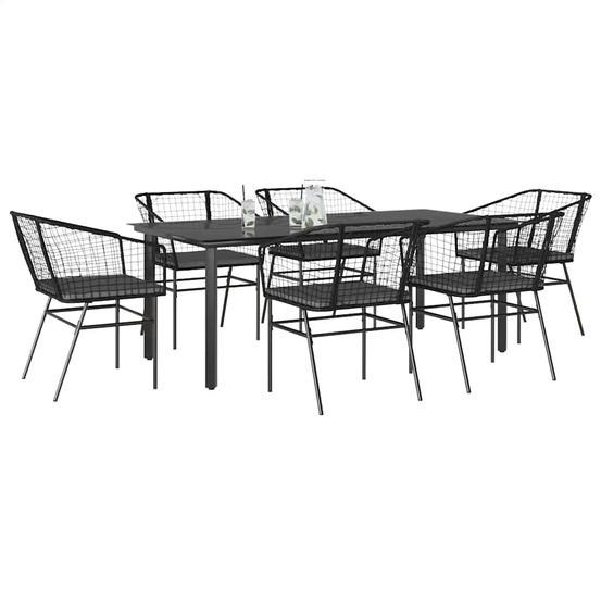 Ensemble à manger de jardin coussins 7pcs noir poly rotin verre
