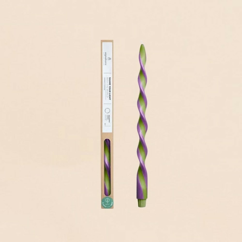 Bougie spirale bicolore vert, parme 40cm
