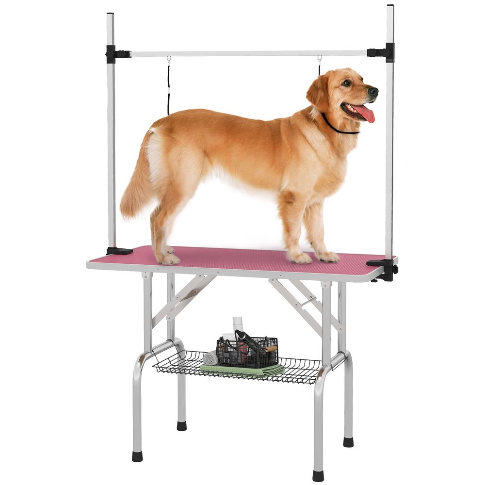 Table de toilettage chien potence acier inoxydable 107x60x164 cm rose pliable avec panier - comfortxl outdoor living