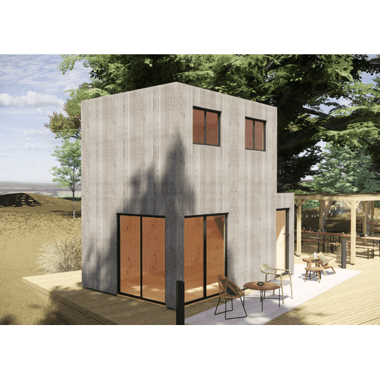 Bureau de jardin 4 saisons en bois 5,5 x 3,5 x 2,7 m / isolation re2020 avec mezzanine et terrasse