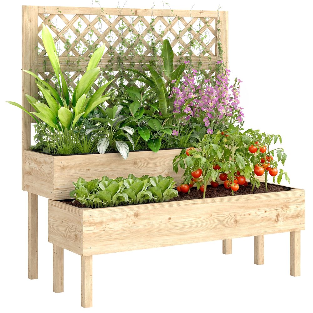 Jardinière surélevée 2 niveaux bois avec treillis géotextile potager pour jardin 108x120cm nature