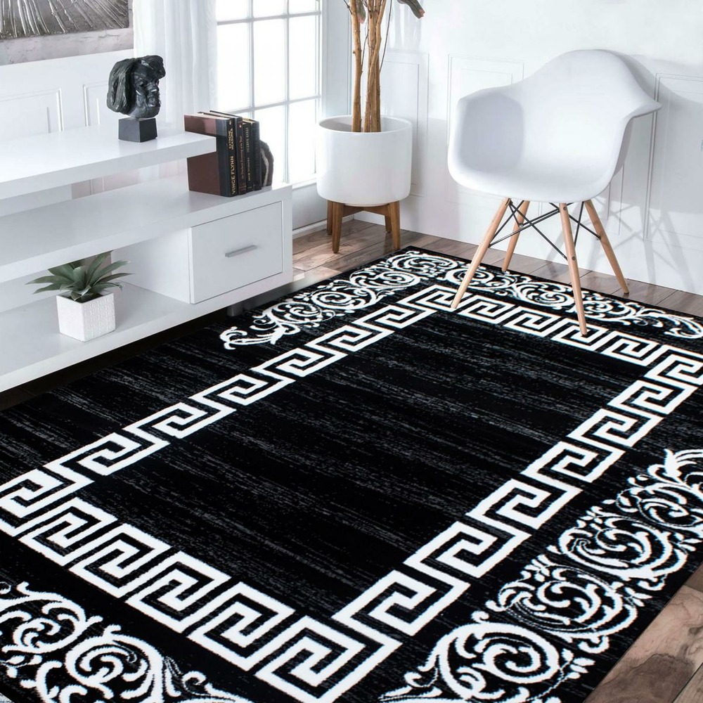Tapis salon 200x290 tissé noir et blanc rectangle motif baroque florini