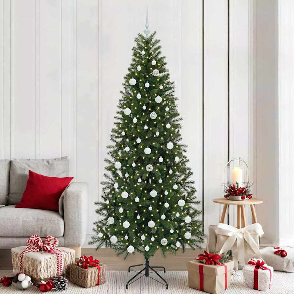 Sapin de fête 210cm complet avec éclairage led chaud et 120 ornements