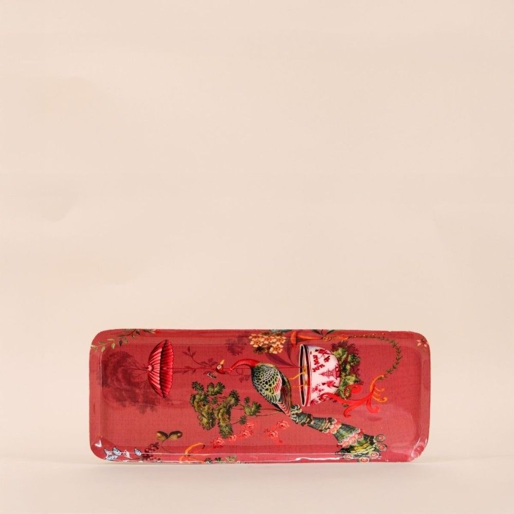 Plateau en métal laqué rose asian fauna 40x16cm