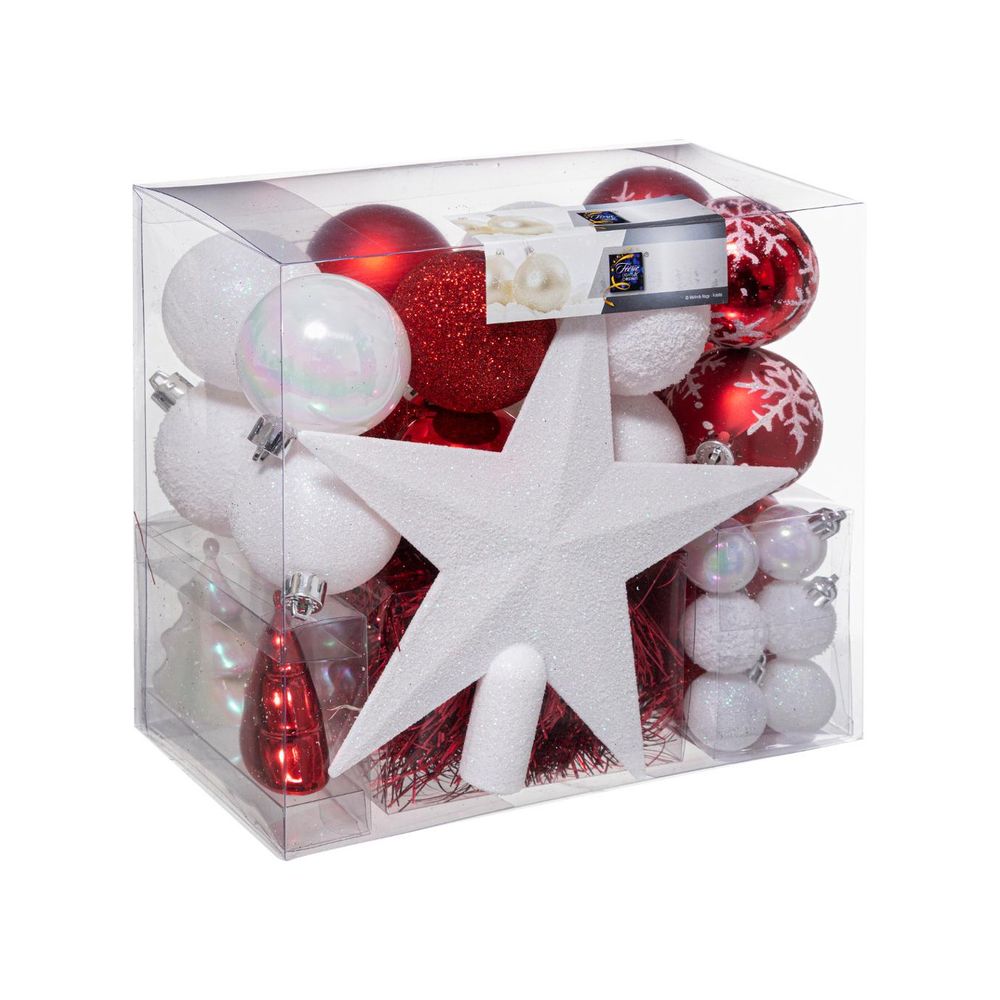 Déco de sapin de noël kit 44 pièces, boule, guirlande et cimier - rouge et blanc