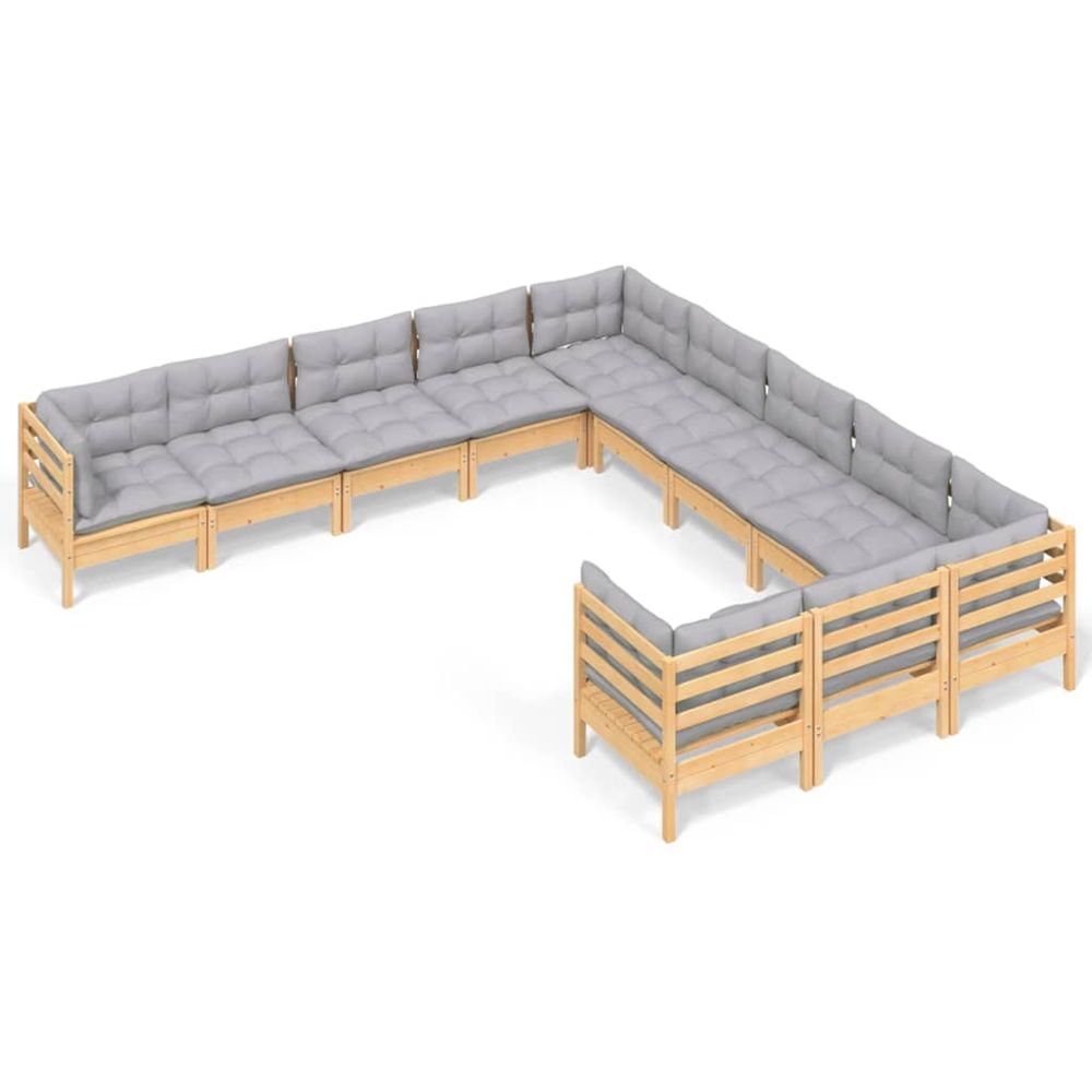 Salon de jardin 11 pcs avec coussins gris bois de pin
