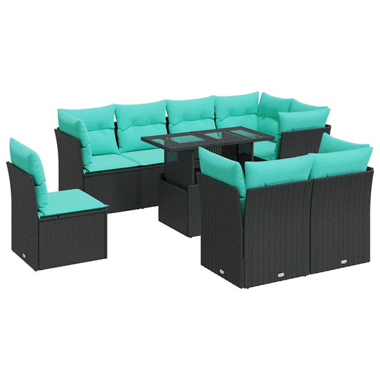 Salon de jardin avec coussins 9 pcs noir résine tressée acacia