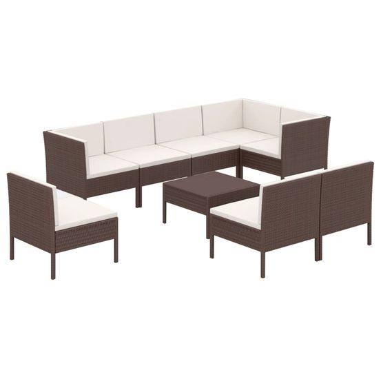 Salon de jardin 9 pcs avec coussins résine tressée marron