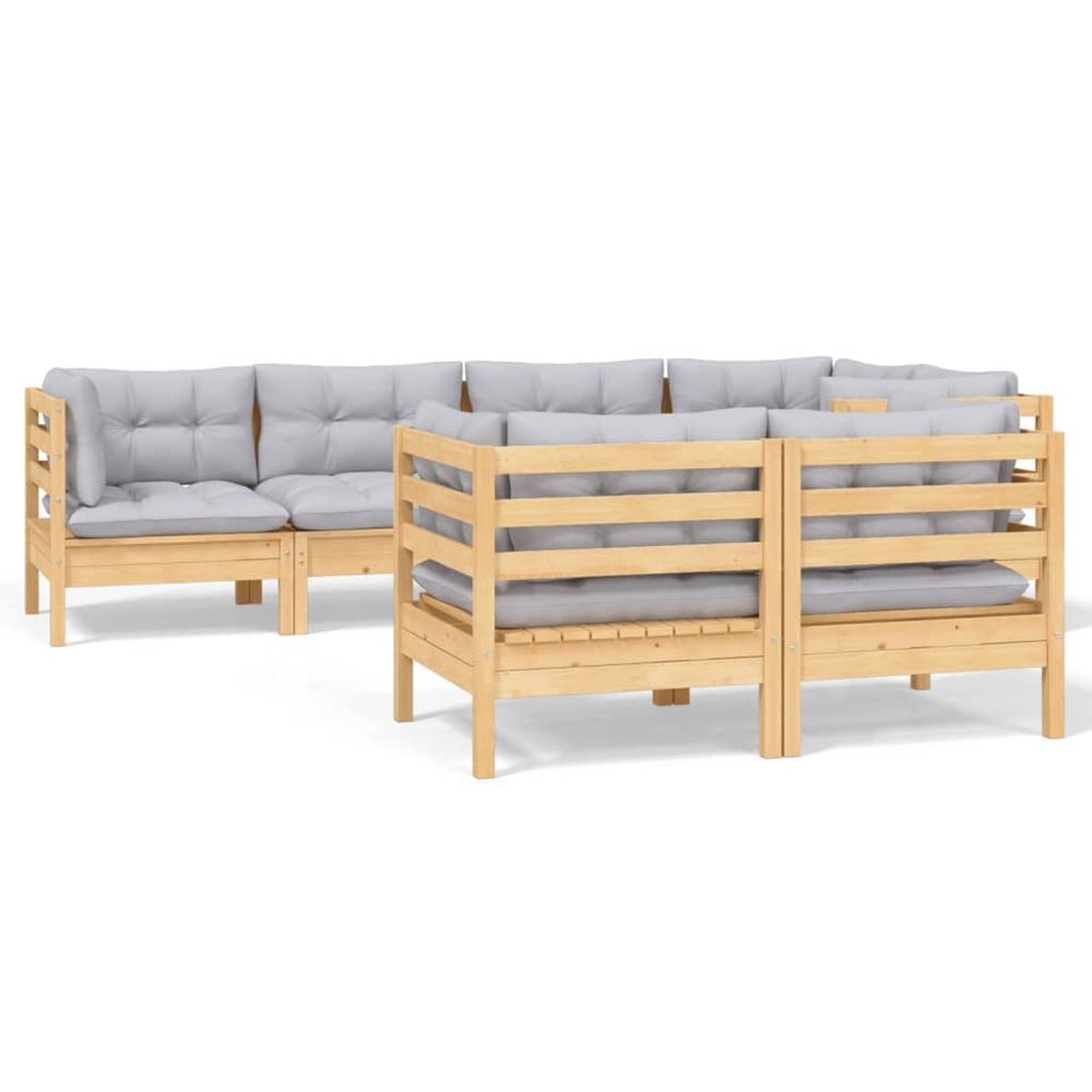 Salon de jardin 7 pcs avec coussins gris bois de pin massif