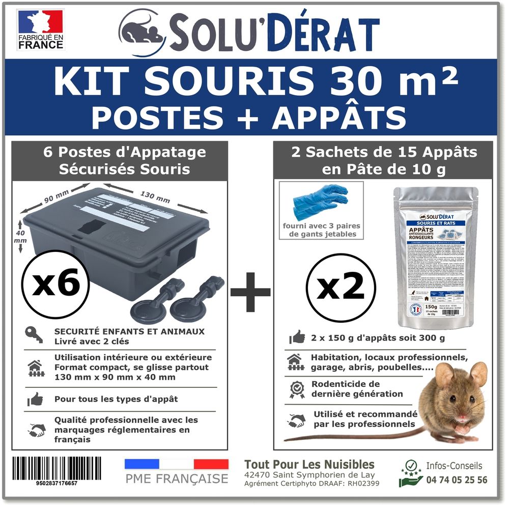 SOLU'DERAT - Kit souris 30 m² avec 6 postes d'appâtage sécurisés et 2 sachets de 150g d'appâts en pâte