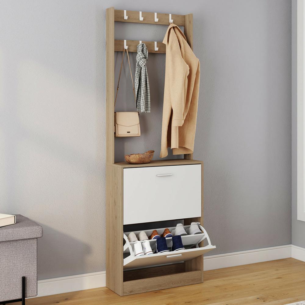 Vestiaire d'entrée klark meuble chaussures 2 portes effet bois et blanc