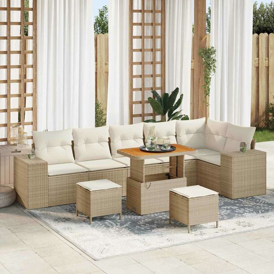 Ensemble de canapé de jardin avec coussin 9 pcs beige polyrotin