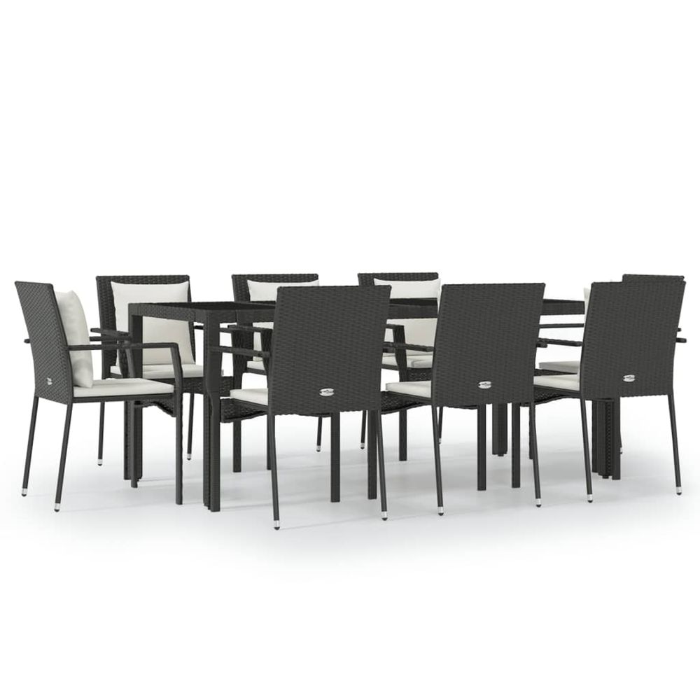 Ensemble à manger jardin 9pcs et coussins noir résine tressée