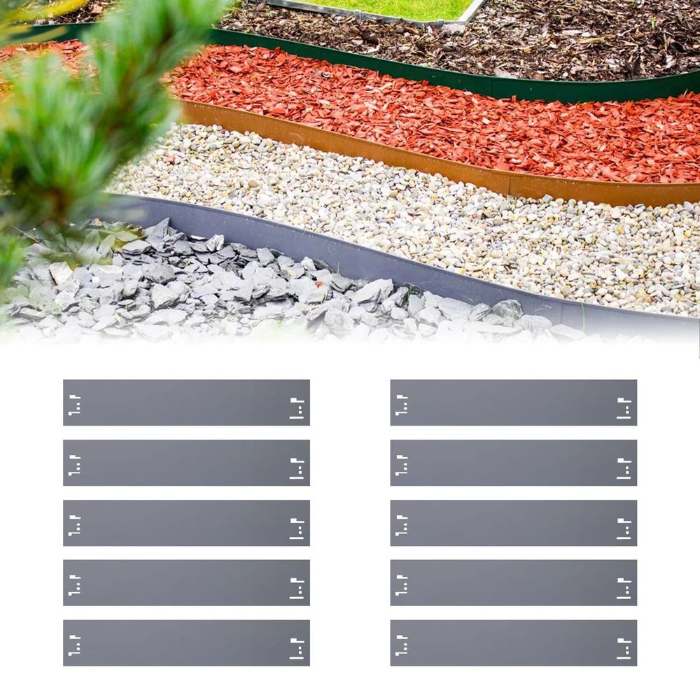 Lot de 10 bordures de jardin en métal, hauteur 13,5 cm, longueur 12 m, couleur gris