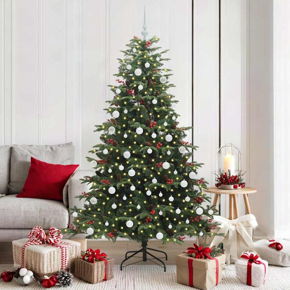 Arbre de noël artificiel 180 cm aspect réaliste, pack complet avec lumières led blanc chaud et 120 boules de noël