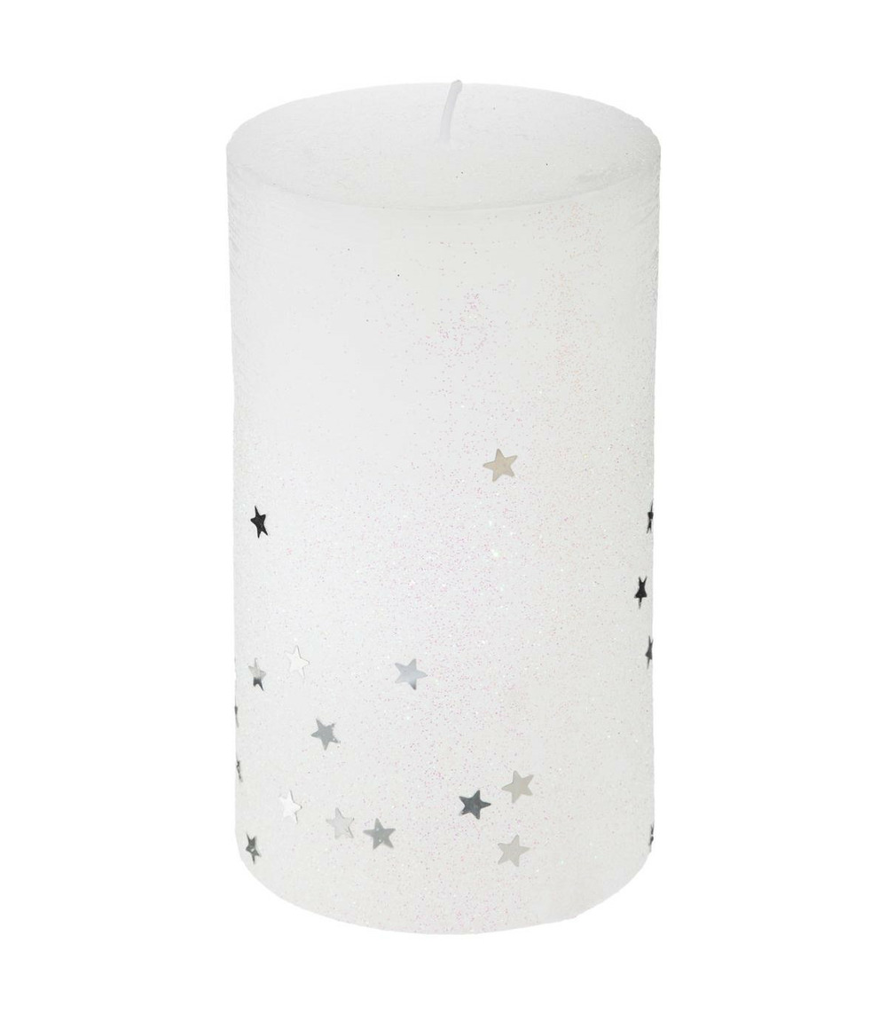 Bougie blanche pailletée et étoilée h 12 cm 340 g