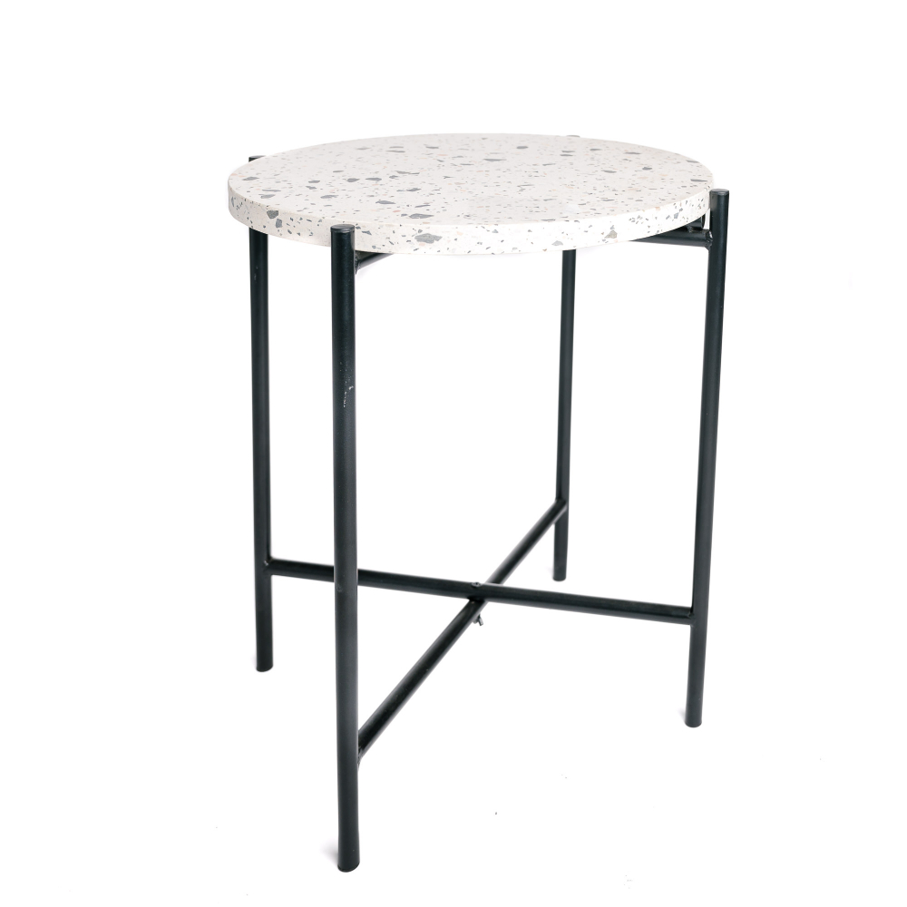Table d'appoint ronde plateau terrazzo pied métal noir industrielle 43.5x43.5x50cm- meuble de salon- bout de canapé