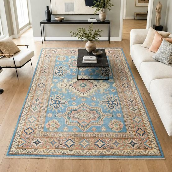 Tapis chambre 118 x 188 cm, bleu, beige et rose, en laine, kazak co 60