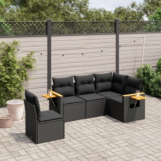 Salon de jardin 5 pcs avec coussins noir résine tressée
