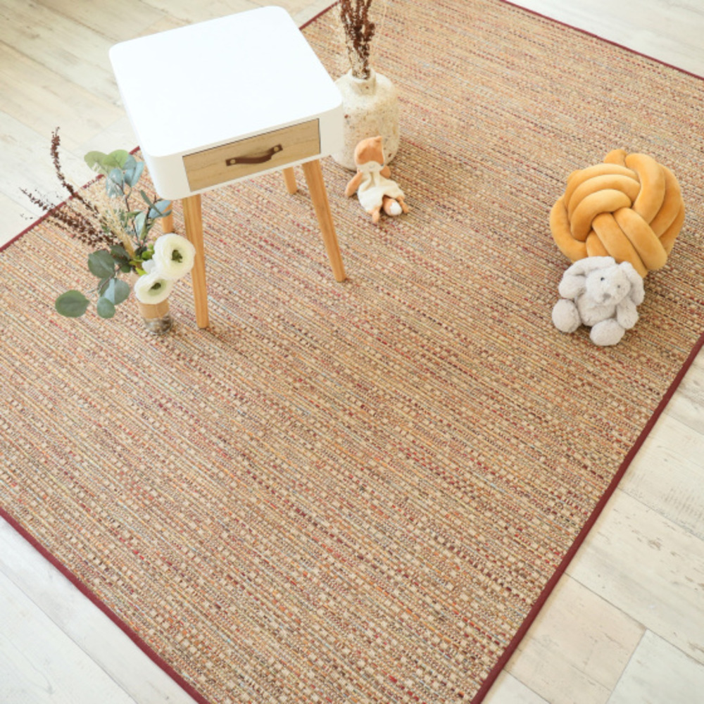 Tapis intérieur / extérieur en tissé plat - bornéo nature multicolore - galon bordeaux - 80 x 150 cm