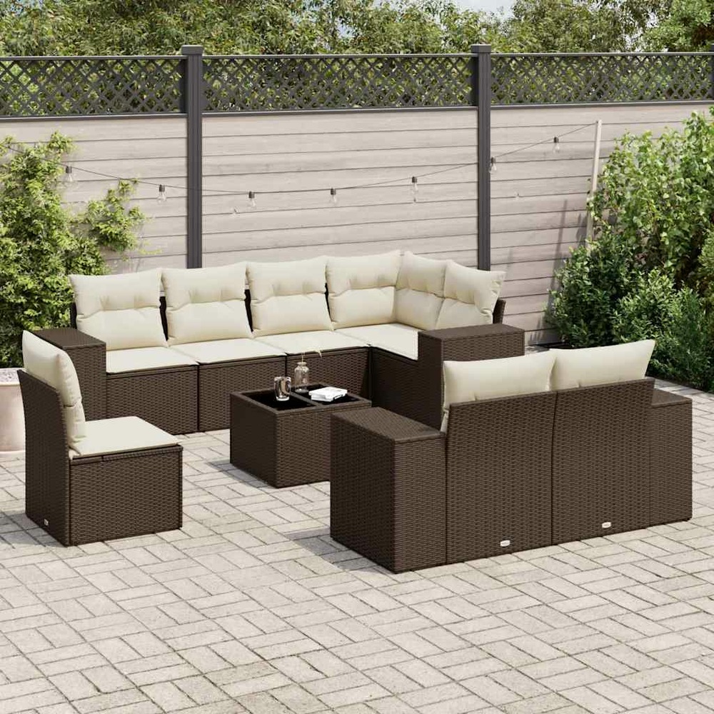 Salon de jardin avec coussins 9 pcs marron résine tressée